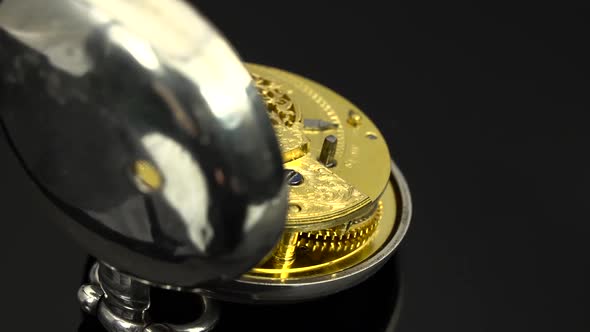 Vintage Pocket Watch Rotate and Classic Dial . Close Up. Black Background. Sound