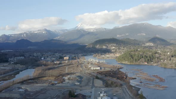 Aerial View Squamish Bc Canada Harbor Riverfront Mt Garibaldi Background