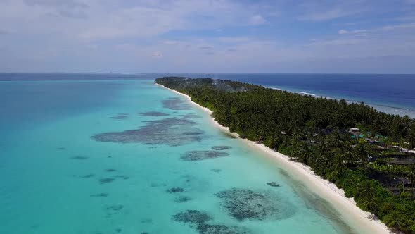 Scenic Aerial Drone Fly Over Shot Above Maldives Tropical Island Palm Trees Heaven and Calm Scene