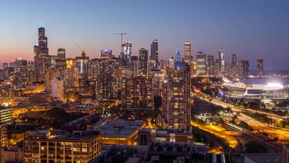 Chicago Skyline Day to Night Sunset 