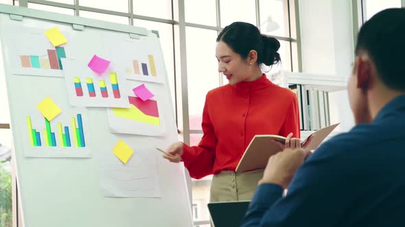 Young Woman Explains Business Data on White Board