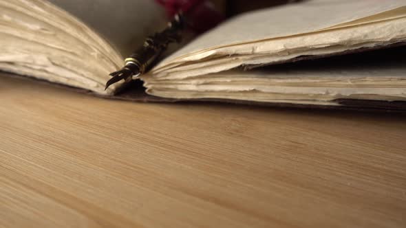 Feather Pen in Old Book Close Up