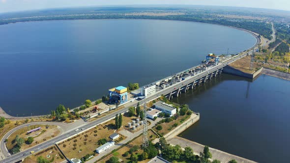 Kiev Hydroelectric Station. Power Plant on the Dnieper River in Vyshgorod, Ukraine. Aerial Footage