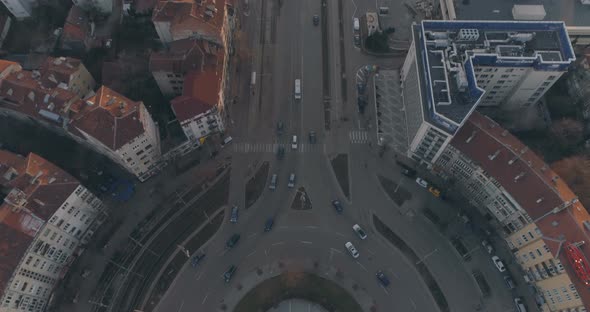 Evening Traffic in Road Junction Roundabout in Sofia, Bulgaria at Sunset