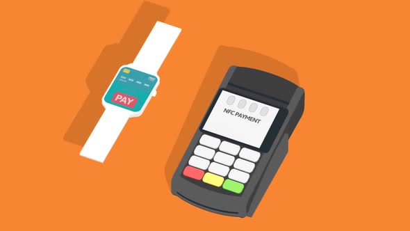 Smart cashless payment concept. Smartwatch communicating with the terminal.