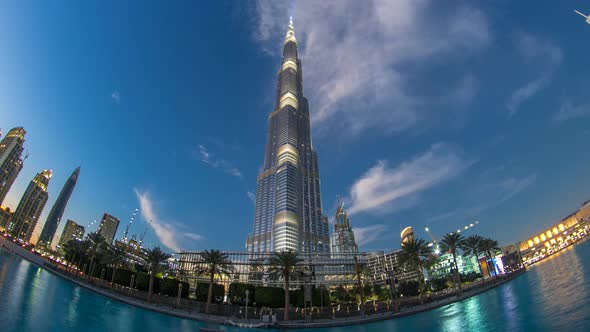 Burj Khalifa Facade Day to Night Timelapse Fisheye