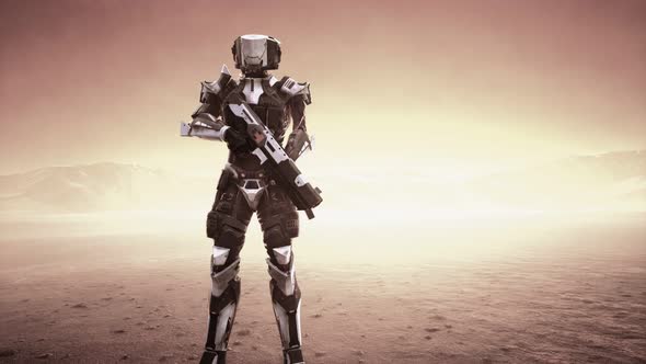 Futuristic Soldier in Desert at Sandstorm