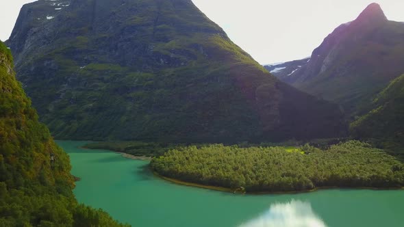 Geiranger Fjord and Lovatnet Lake Aerial View in Norway