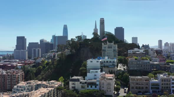 San Francisco Coit Tower with Downtown on Background