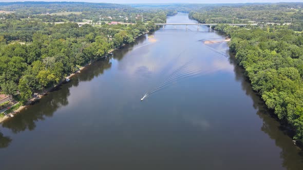 Aerial Overhead of Delaware River Landscape American Town of Lambertville New Jersey View Near Small