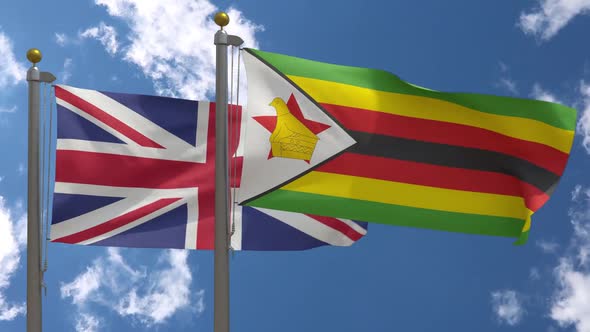 United Kingdom Flag Vs Zimbabwe Flag On Flagpole