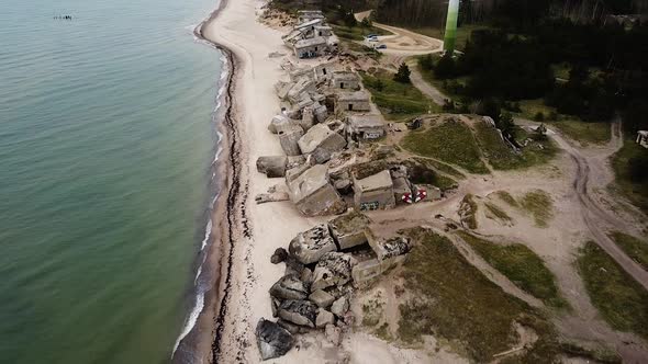 Aerial view of abandoned seaside fortification building at Karosta Northern Forts on the beach of Ba