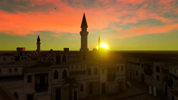 City Mosque And Sunset Landscape