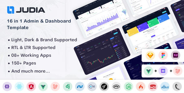 Judia - Bootstrap, React, Angular, Vuejs, Laravel, Django, ASP.Net Core, MVC5 Admin Dashboard Theme