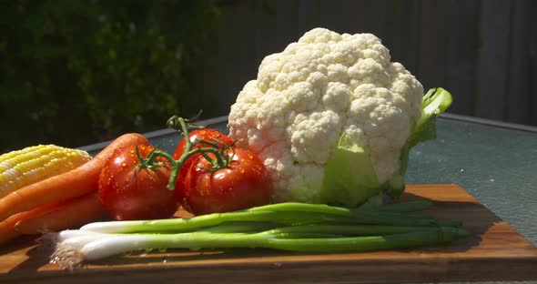 Pan across a colorful display of freshly washed, ripe vegetables in the sunlight