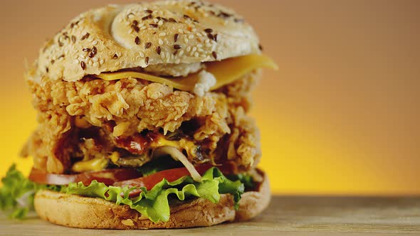 Fired Crispy Chicken Burger with Cheddar Cheese Lettuce Tomato and Onion