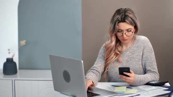 Businesswoman Analyzing Counting Data Use Laptop Smartphone