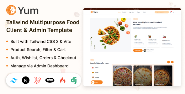 Yum - Next, Laravel, PHP, Codeigniter, Django Tailwind CSS Food Client & Admin Template
