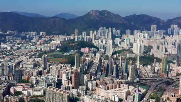 Drone fly over Hong Kong city