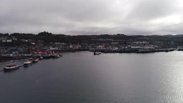 Aerial Shot Approaching Oban Town from the Bay