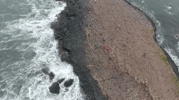 Drone flying over the Giants Causeway in northern Ireland