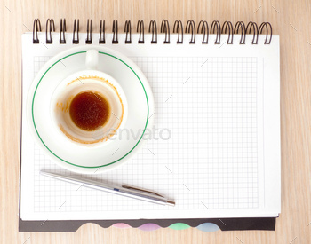 blank page, empty cup of coffe, pen