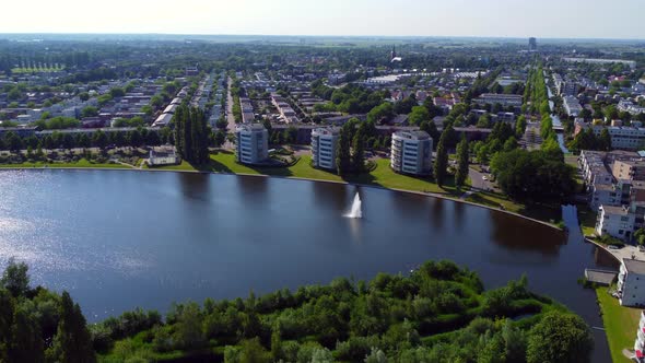 Aerial view living area at Amersfoort Kattenbroek Emiclaer, The Netherlands. Flying upwards