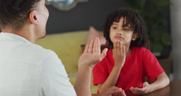 Happy biracial man and his son using sign language