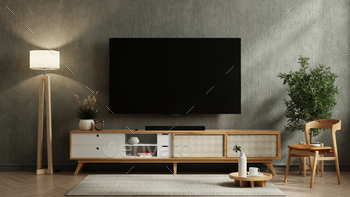 Mockup a TV wall mounted with leather armchair in living room with a concrete wall