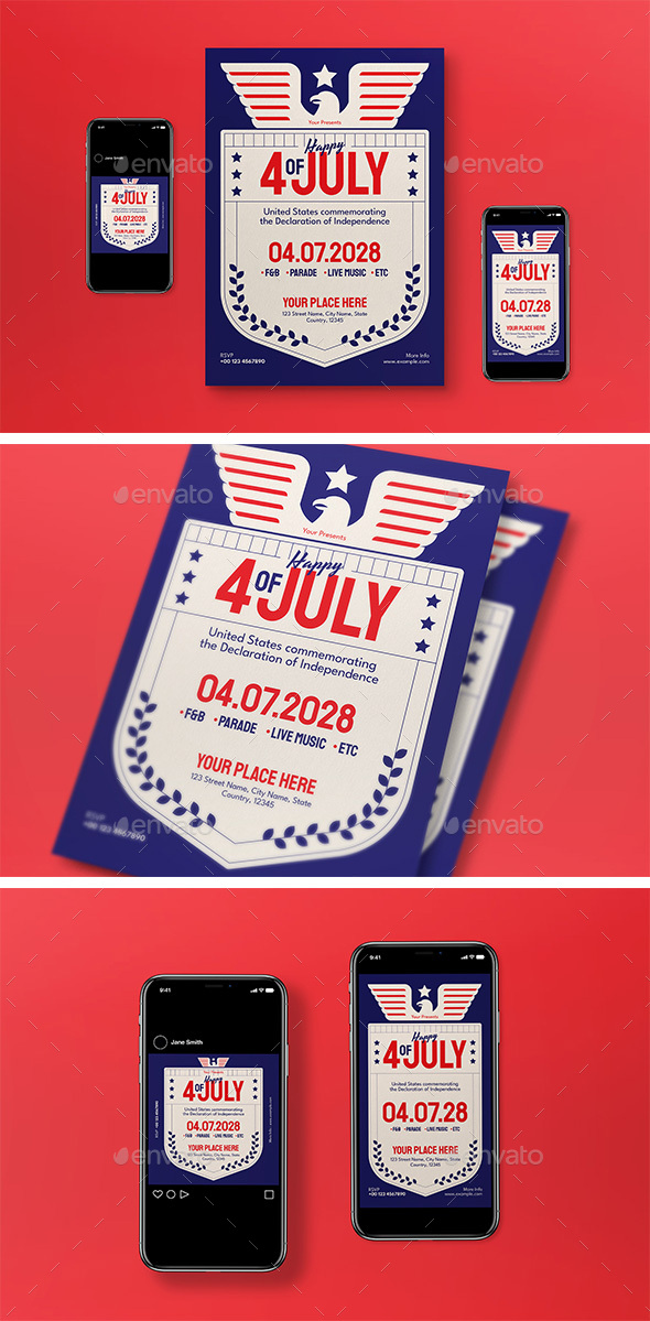 Blue Flat Design 4th Of July Flyer Set