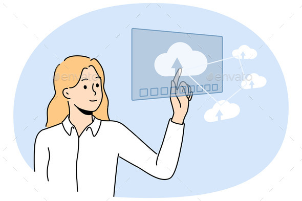 Smiling Businesswoman Work with Cloud Computer