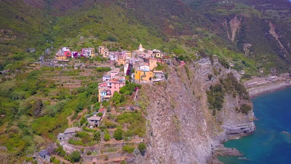 Aerial travel view of Corniglia, Cinque Terre, Italy.