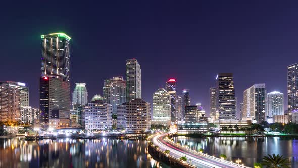 Night time lapse of the skyline of Miami Florida