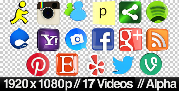 17 Videos of 3D Social Media Icons Rotating - Loop