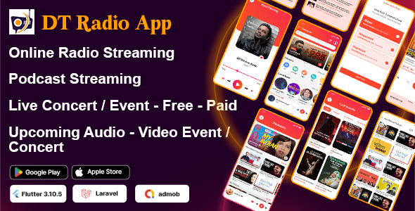 DTRadio - Online Radio, Podcasts & Live Events Flutter App (iOS - Android) with admin panel