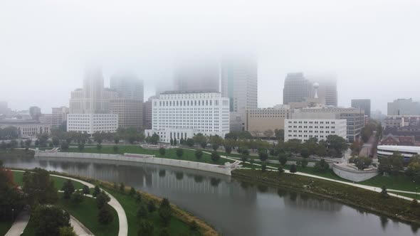 Columbus Ohio skyline on a foggy morning, aerial drone