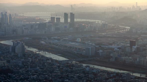 Timelapse Morning Mist Covers Seoul City with High Buildings