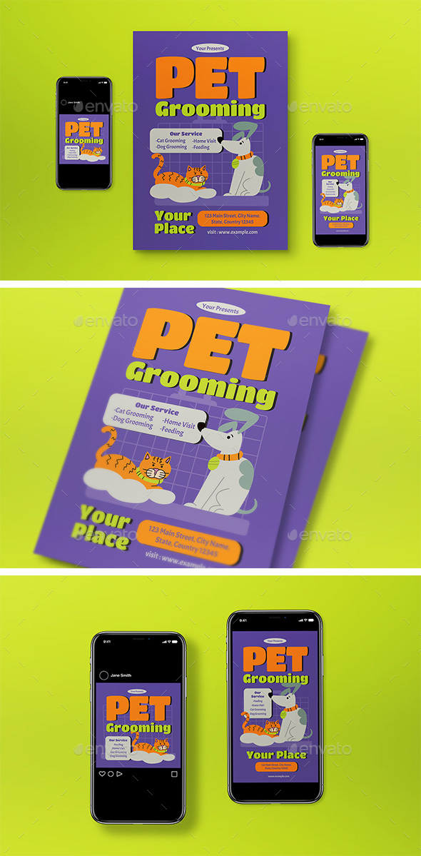 Purple Flat Design Pet Grooming Flyer Set