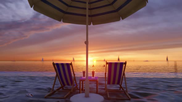 Sunset Sandy Beach With a Sun Lounger, Umbrella And a Cocktail