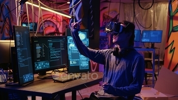 Hacker using virtual reality goggles
