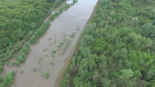 Spring natural disaster of river after heavy raining 4K drone video