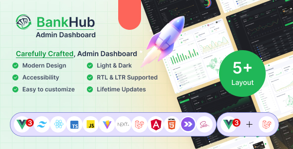 Bankhub - Vuejs, Next.js, HTML, Laravel, Angular, Tailwind CSS Fintech and Banking  Admin Dashboard