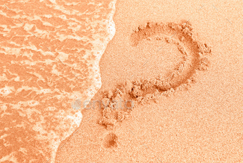 Question mark drawn on sand in trending color of year 2024.