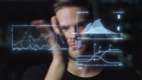 Futuristic Ceo Work Process Man Analysing Holographic Graphs Benefit Closeup