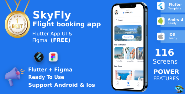 Online Flight & Hotel/Place Booking App | UI Kit | Flutter | Figma FREE | SkyFly