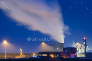 Heavy industry. View of production and factory. Panoramic view of the factory at night.