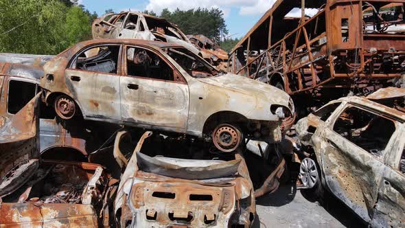 War in Ukraine a Dump of Shot and Burned Cars in the City of Irpen Near Kyiv