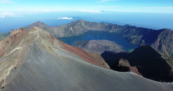 Aerial Still Shot of Climbers at Rinjani Mountain Summit at Sunrise in Lombok Indonesia