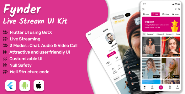 Fynder : Live Streaming App | Online Chat, Video Call, Audio Call | iOS/Android App Template