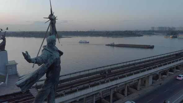 Aerial View of the Metro Bridge. Station Dnipro. Kyiv, Ukraine.